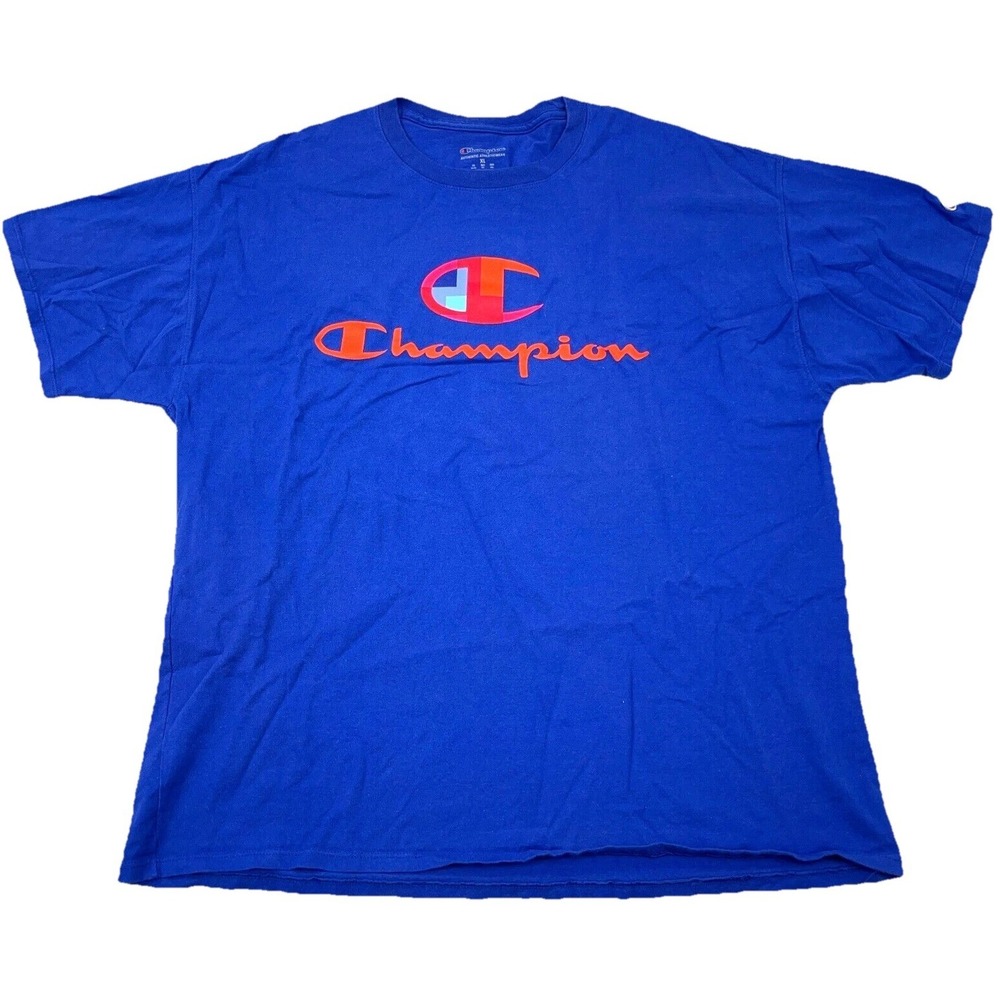 Champion Shirt Men XL Blue Orange Tee Spell Out Logo Patch Retro Adult Basic A2